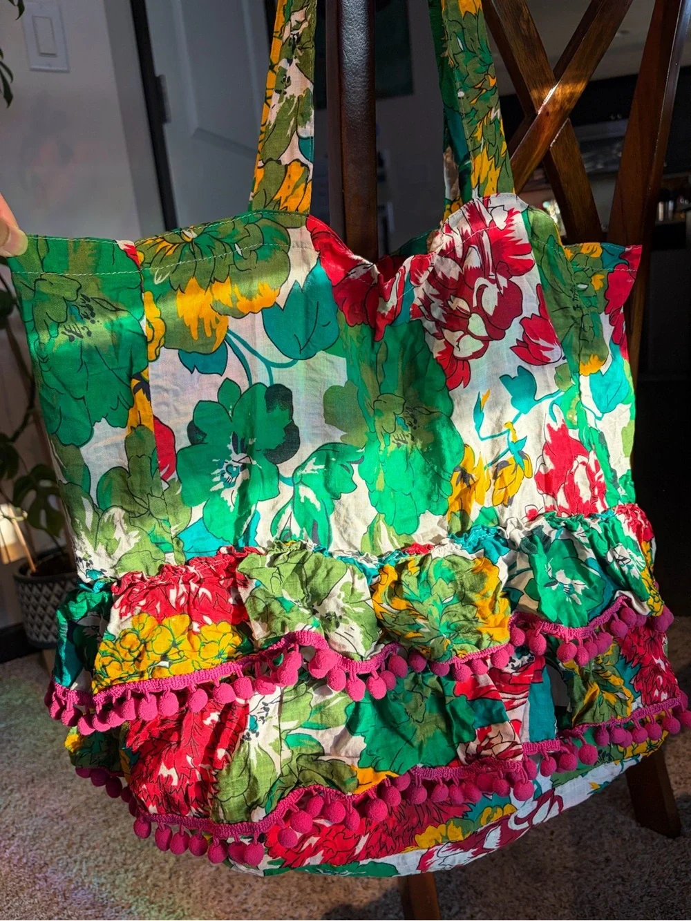 NATURAL LIFE Green Red Yellow Floral Ruffle Hobo Bag